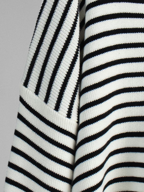 Split-Joint Striped Long Sleeves Loose Lapel Sweater Tops