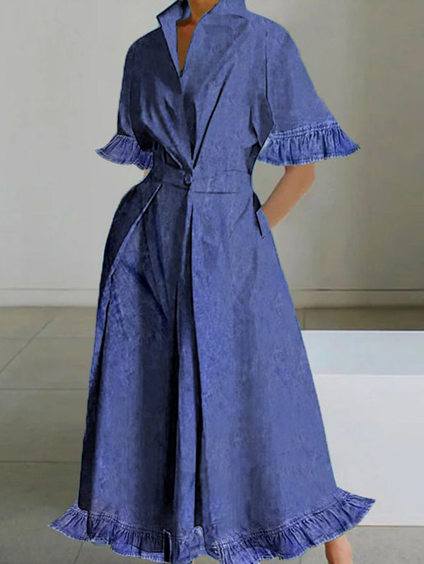Buttoned Pockets Ruffle Trim Solid Color Split-Joint A-line Half Sleeves Stand Collar Midi Dresses