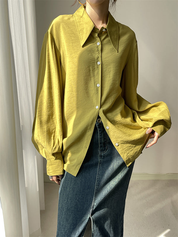 Pleated Split-Joint Sun protection Loose Puff Sleeves Lapel Blouses