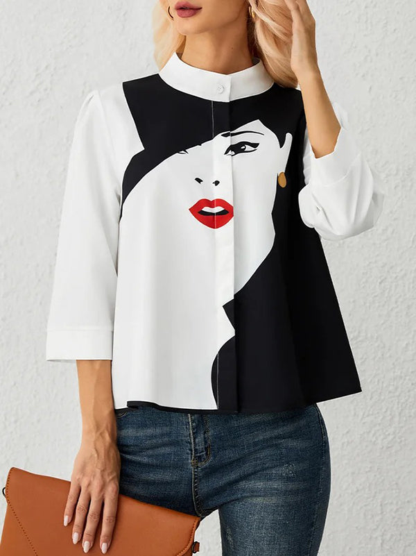 Casual Three-Quarter Sleeves Figure Buttoned Printed Stand Collar Blouses&Shirts Tops