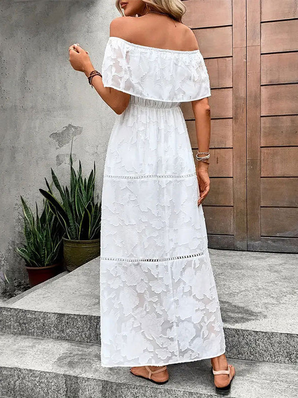 Elasticity Flower Print See-Through Solid Color Split-Joint A-line Loose Off-the-shoulder Midi Dresses