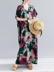 Artistic Retro Short Sleeves Loose Floral Printed Contrast Color V-Neck Maxi Dresses