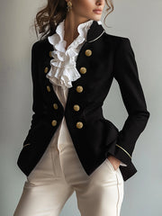 Buttoned Solid Color Split-Joint Long Sleeves Skinny Stand Collar Outerwear Blazer