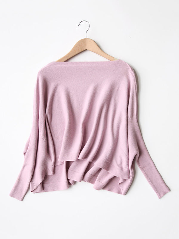 Solid Color Batwing Sleeves High-Low Boat Neck Sweater Pullovers Knitwear