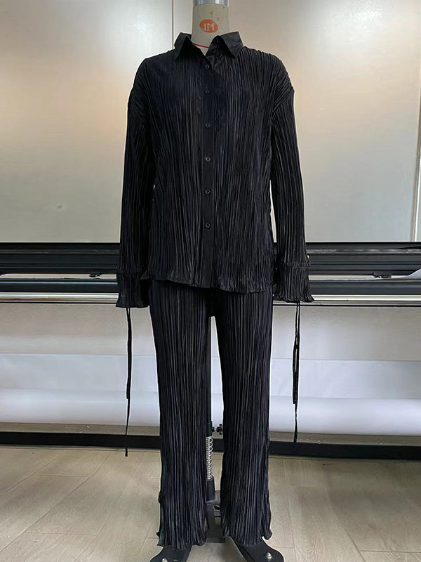 Solid Color Flared Sleeves Long Sleeves Buttoned Drawstring Pleated Split-Side Lapel Shirts Top + Pants Bottom Pajama Sets