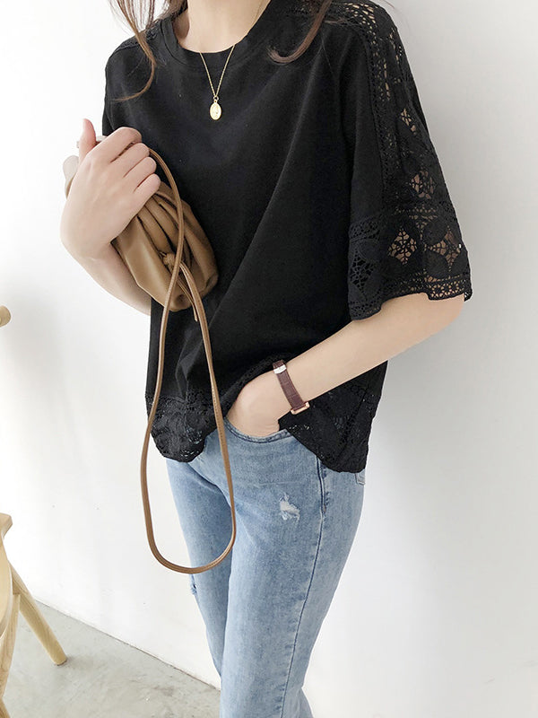 Hollow Solid Color Split-Joint Half Sleeves Loose Round-Neck T-Shirts