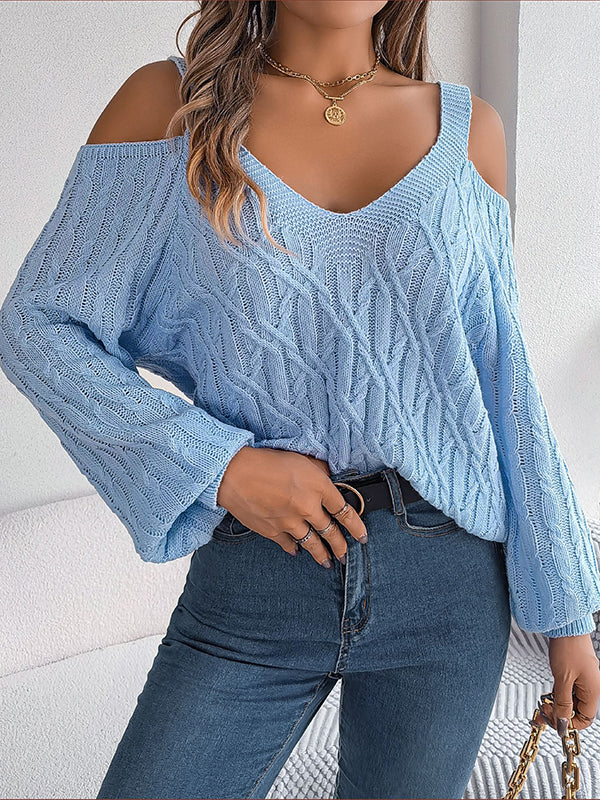 Cable Knit Solid Color Long Sleeves Loose Cold shoulder Sweater Tops
