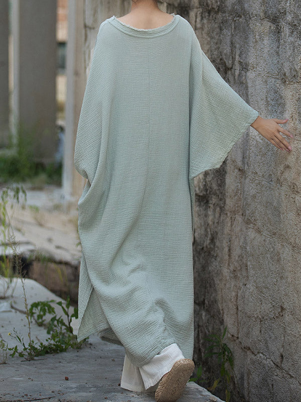 Solid Color Split-Joint Split-Side Batwing Sleeves Round-Neck Midi Dresses