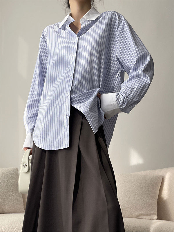 Pleated Split-Joint Striped Irregular Clipping Lapel Blouses