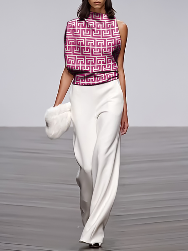 Loose Sleeveless Asymmetric Printed Stand Collar T-Shirts Tops