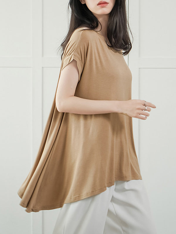 Asymmetric Solid Color High-Low Loose Round-Neck T-Shirts Tops