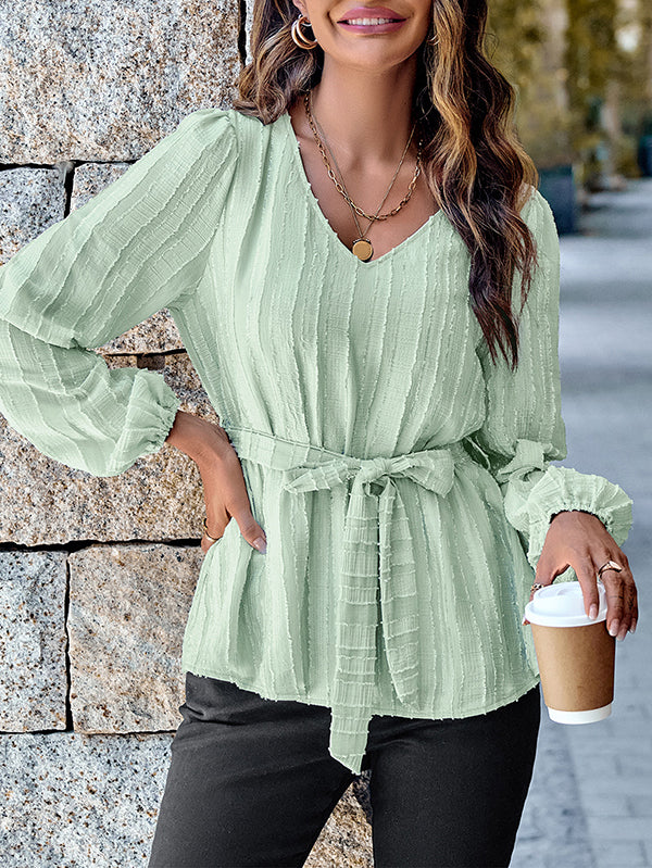 Elasticity Solid Color Tied Waist Long Sleeves Loose V-Neck T-Shirts Tops