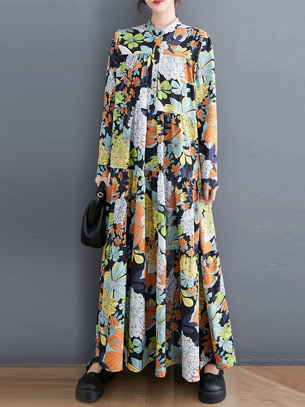 Long Sleeves Loose Floral Printed Round-Neck Midi Dresses