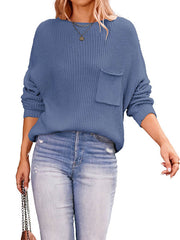 Pockets Solid Color Long Sleeves Loose Round-Neck Sweater Tops Pullovers