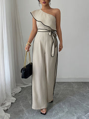 Elasticity Tied Waist High Waisted Wide Leg One-Shoulder Jumpsuits