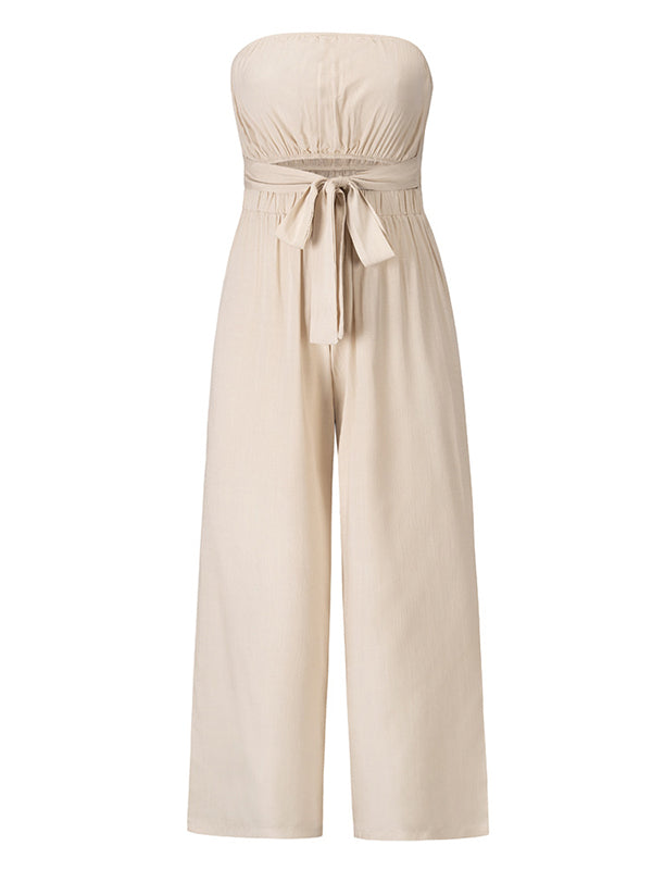 Original Cold Shoulder Tied Solid Color Straight Leg Jumpsuits