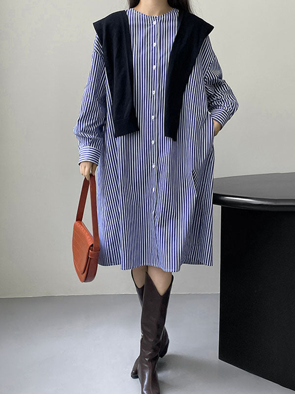 Striped Long Sleeves Loose Round-Neck Shirt Dress Midi Dresses