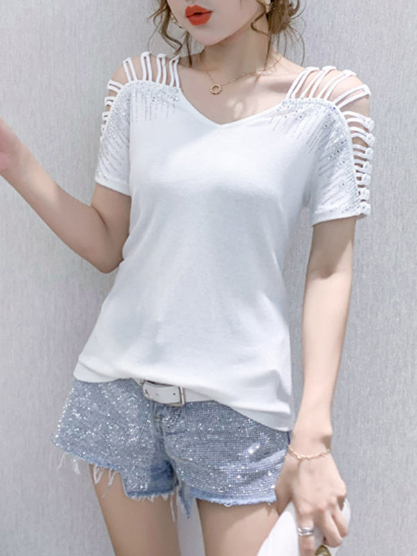 Hollow Rhine Stones Solid Color Split-Joint Loose Raglan Sleeve V-Neck T-Shirts Tops