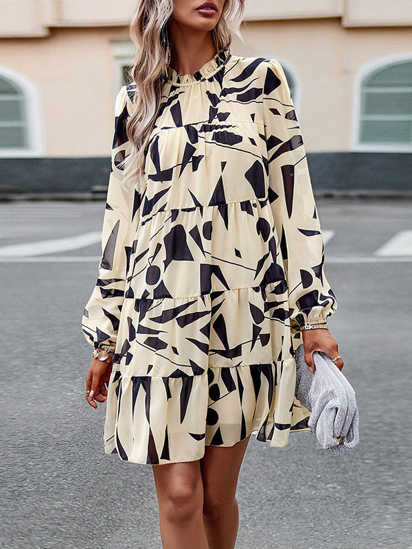 Printed Split-Joint Tied A-line High Waisted Mock Neck Mini Dresses