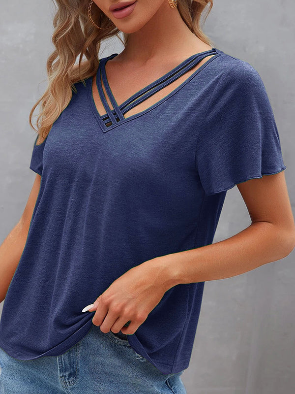 Hollow Solid Color Split-Joint Loose Plus Size V-Neck T-Shirts Tops