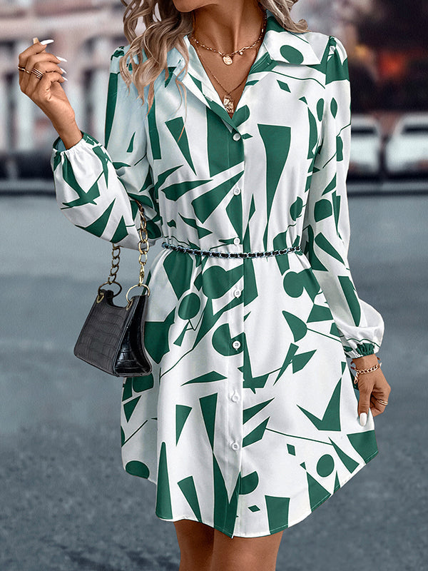 Printed Split-Joint Loose Puff Sleeves Lapel Shirt Dress Mini Dresses