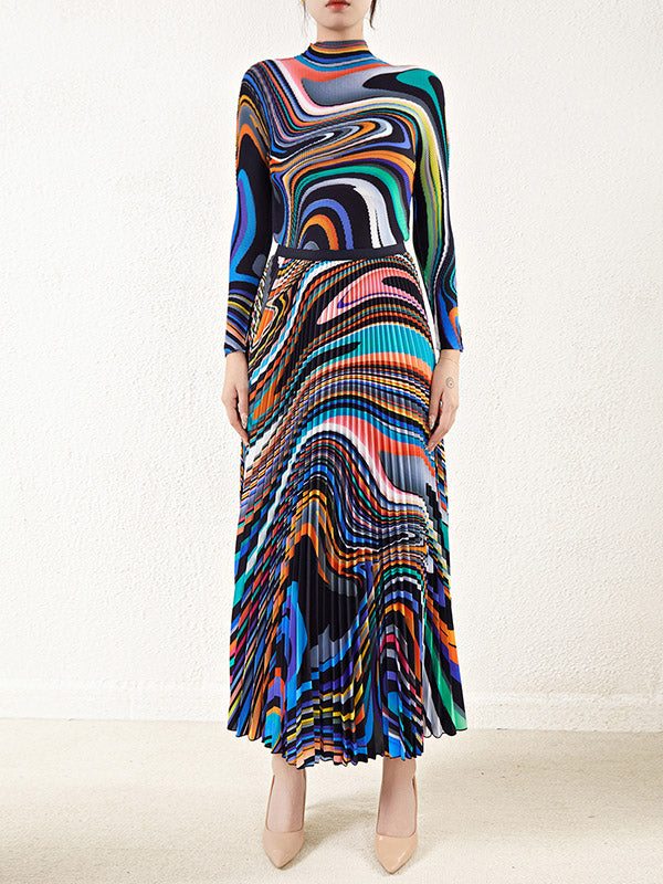 Pleated Long Sleeves Contrast Color Mock Neck T-Shirt Top + Printed A-Line Skirts Bottom Two Pieces Set