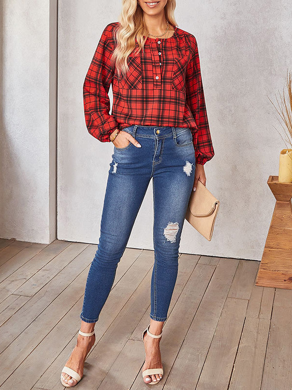 Buttoned Elasticity Plaid Pockets Long Sleeves Loose Round-Neck Blouses&Shirts Tops