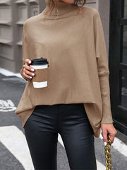 Buttoned Solid Color Split-Joint Batwing Sleeves Long Sleeves High Neck Sweater Tops Pullovers