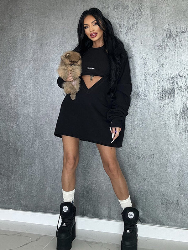 Loose Solid Color Round-neck Mini Dresses & Vest Top Two Pieces Set