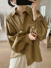 Solid Color Loose Puff Sleeves Lapel Blouses