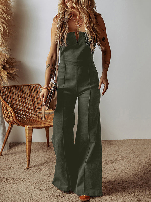 Pockets Solid Color Zipper High Waisted Loose Spaghetti-Neck Jumpsuits