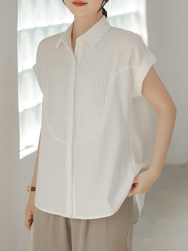 Buttoned Pleated Solid Color Split-Joint Loose Short Sleeves Lapel Blouses&Shirts Tops