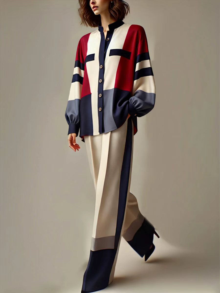 Buttoned Contrast Color Split-Joint Long Sleeves Loose Stand Collar Blouses&Shirts Tops