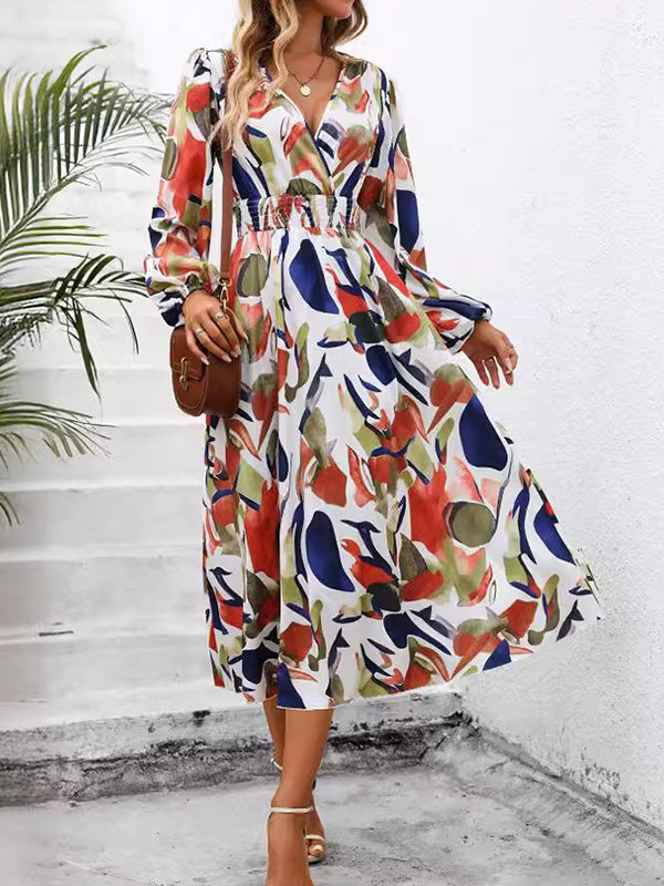 Elasticity Printed Split-Joint A-Line Long Sleeves Deep V-Neck Midi Dresses