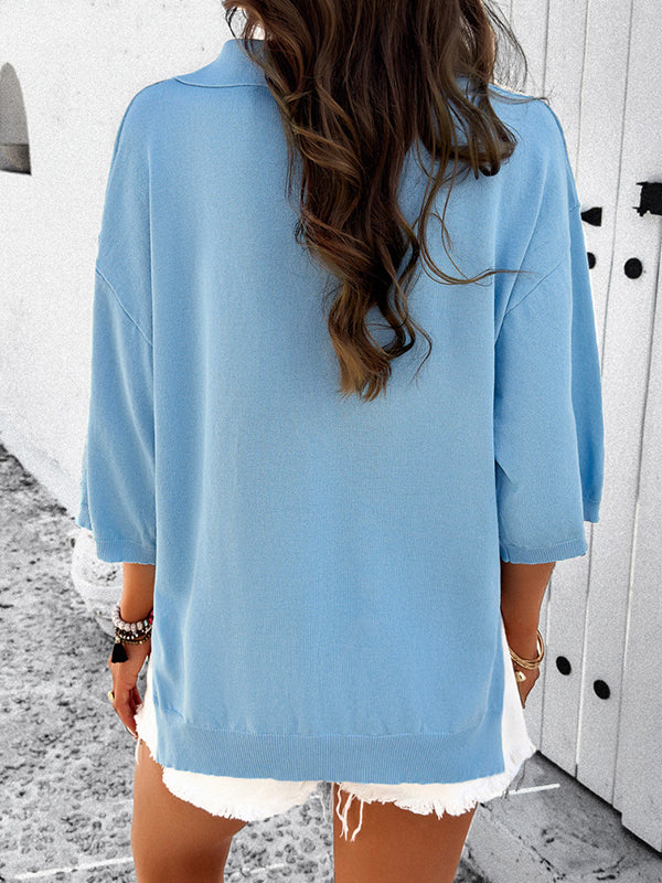 Solid Color Split-Joint Loose Three-Quarter Sleeves Lapel T-Shirts