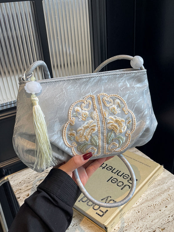 Embroidered Pleated Tasseled Zipper Crossbody Bags