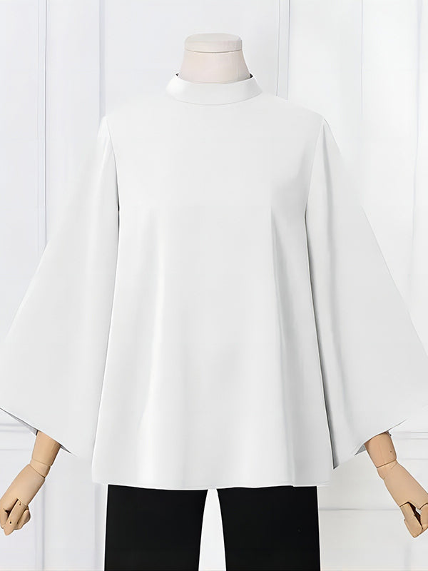 Solid Color Flared Sleeves Loose Stand Collar T-Shirts Tops