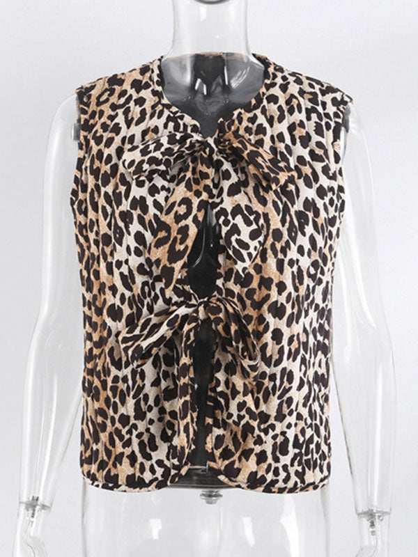 Lace-Up Leopard Split-Joint Loose Sleeveless V-neck Vest Outerwear