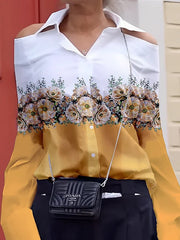 Buttoned Flower Print Hollow Split-Joint Long Sleeves Loose Cold Shoulder Blouses&Shirts Tops