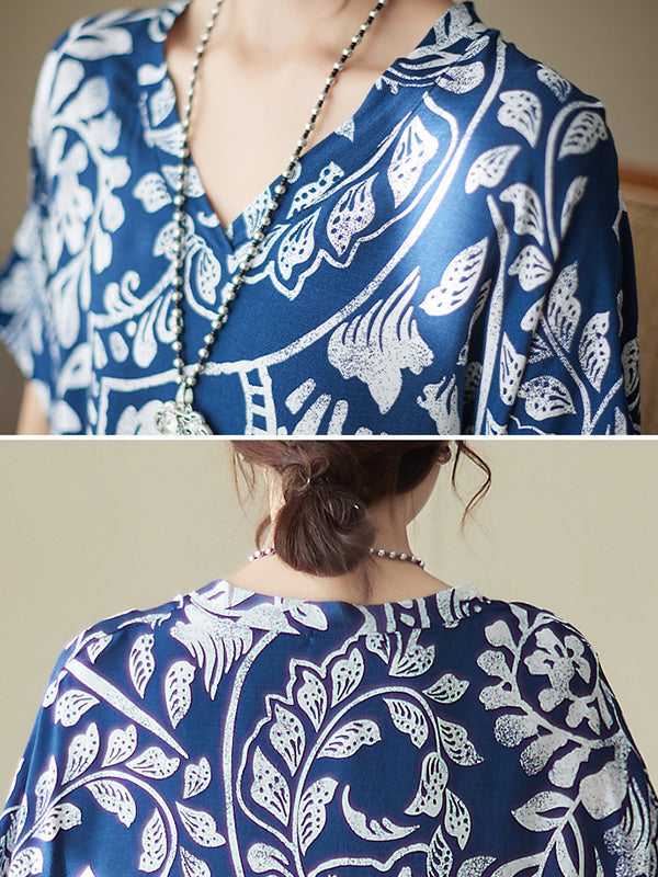 Floral Printed Loose Short Sleeves V-neck Maxi Dresses