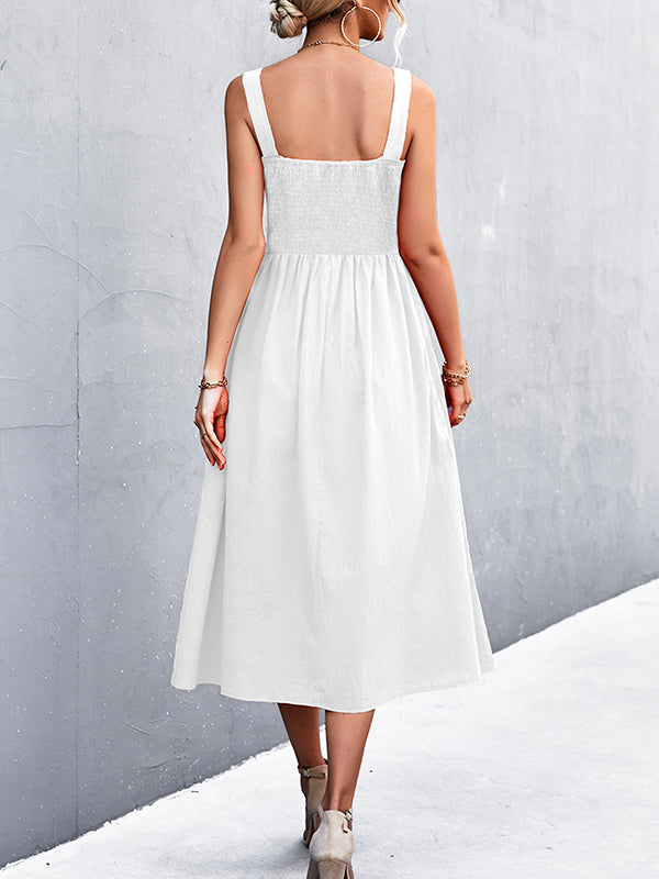 Pleated Solid Color Split-Joint High Waisted Sleeveless U-Neck Midi Dresses