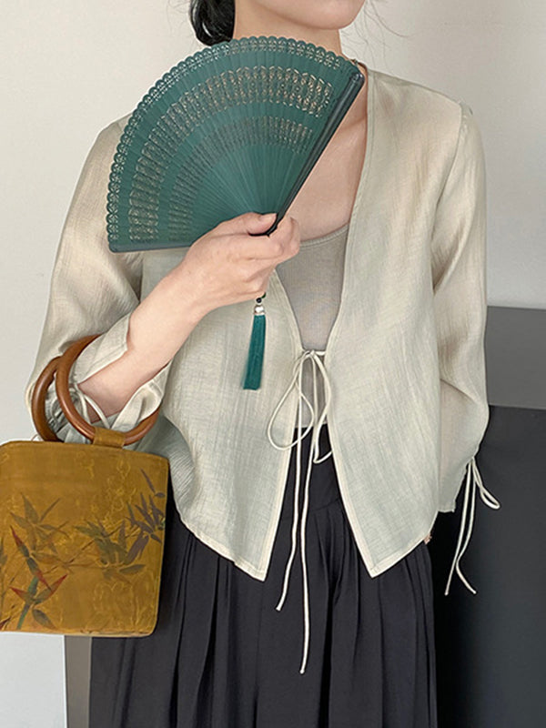 Long Sleeves Lace-Up See-Through Solid Color Blouses&Shirts Tops