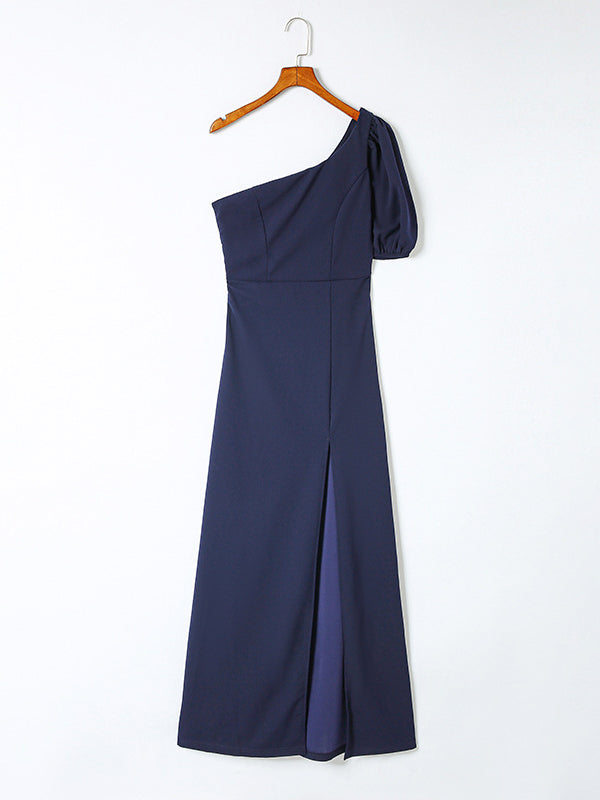 Solid Color Split-Side Puff Sleeves One-Shoulder Maxi Dresses