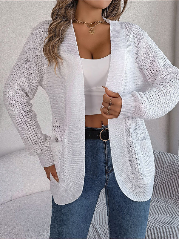 Pockets Solid Color Long Sleeves Loose Collarless Cardigan Tops
