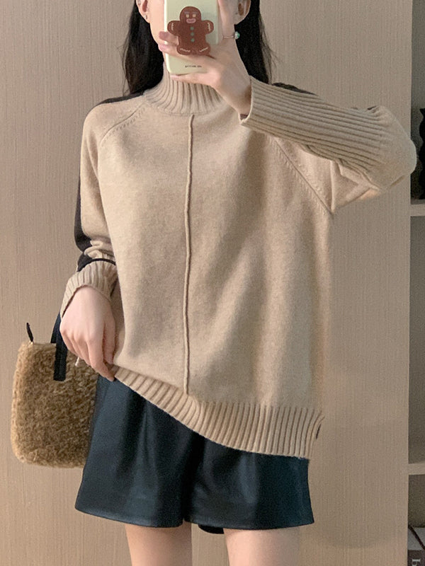 Contrast Color Split-Joint Split-Side High-Low Long Sleeves High Neck Sweater Tops Pullovers