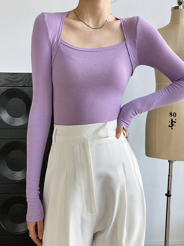 Solid Color Long Sleeves Skinny Square-neck T-Shirts Tops