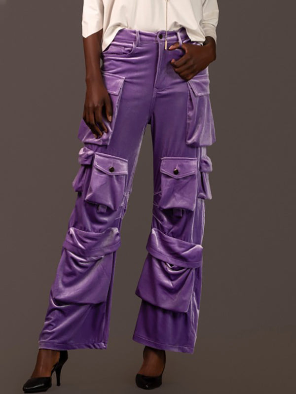 No Belt Pockets Solid Color High Waisted Loose Trousers Pants