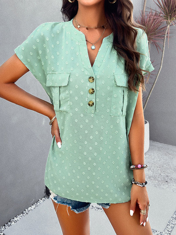 Jacquard Pleated Split-Joint Batwing Sleeves Loose V-Neck Blouses