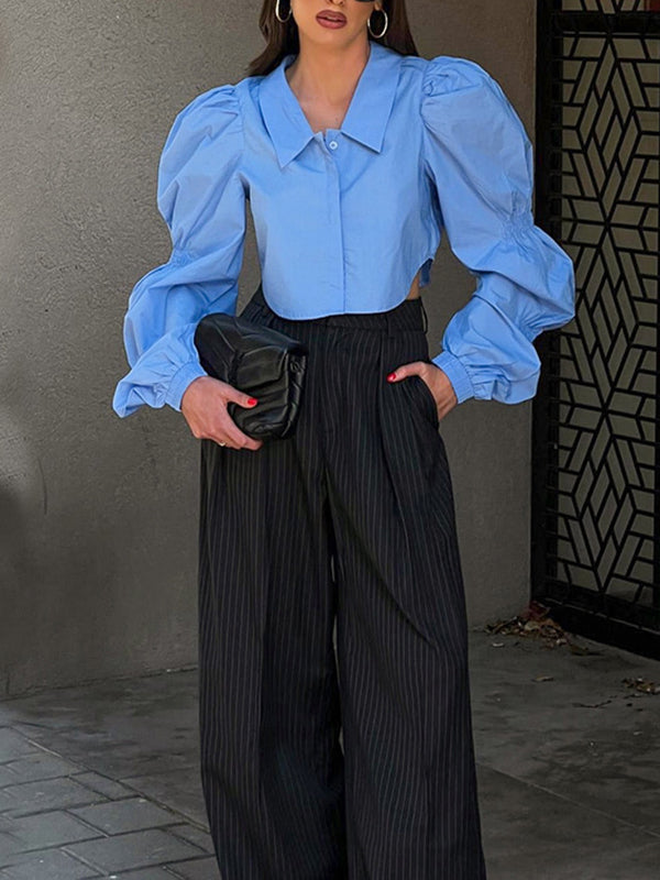Buttoned Elasticity Solid Color Bishop Sleeve Long Sleeves Lapel Blouses&Shirts Tops