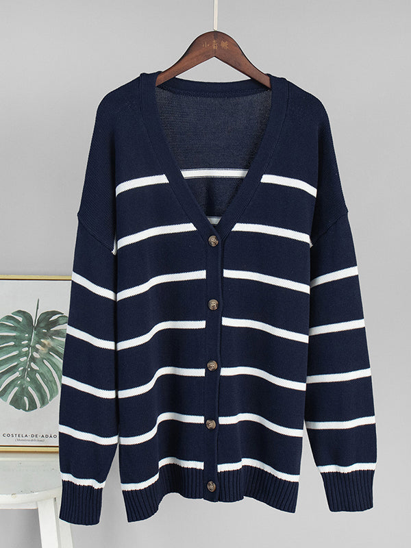 Split-Joint Striped Long Sleeves Loose V-neck Cardigan Tops